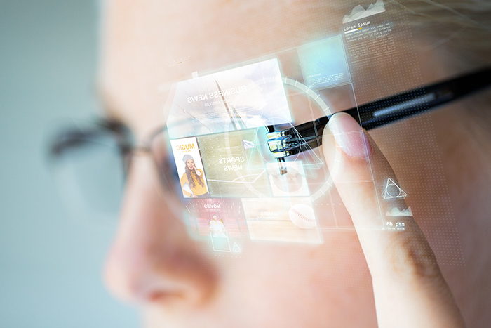 close-up of woman wearing VR glasses